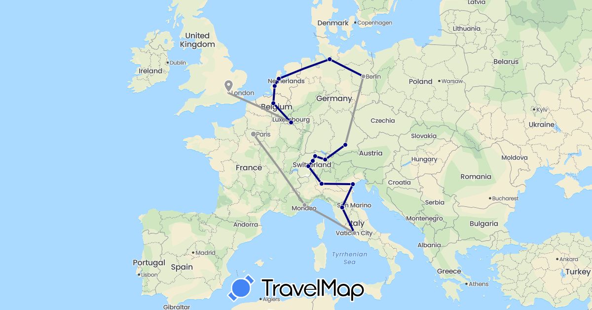 TravelMap itinerary: driving, plane in Belgium, Switzerland, Germany, France, United Kingdom, Italy, Liechtenstein, Luxembourg, Netherlands (Europe)